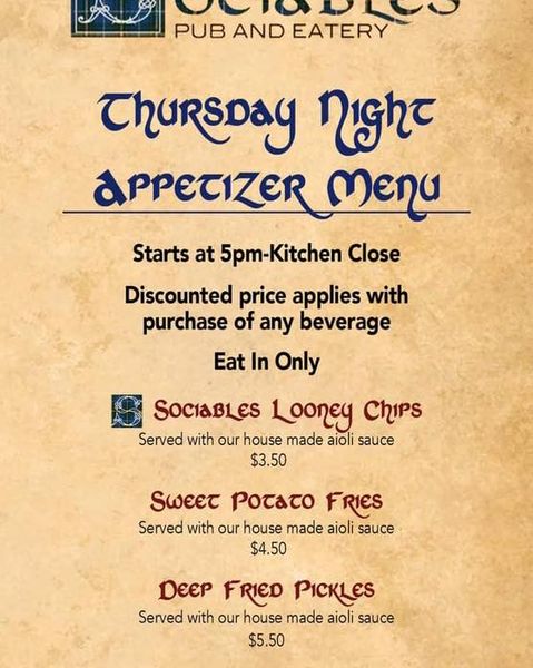 Sociables Pub and Eatery Thursday Night Appetizers