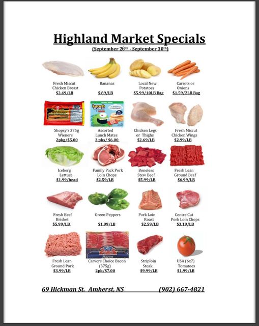 Highland Market Specials Until September 30th